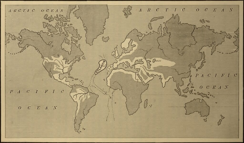 ইগনেশিয়াস এল. ডনেলির ১৮৮২ সালে প্রকাশিত Atlantis: The Antediluvian World গ্রন্থে আটলান্টিস সাম্রাজ্যের কথিত বিস্তৃতি দেখানো একটি মানচিত্র; Image source: Wikimedia Commons
